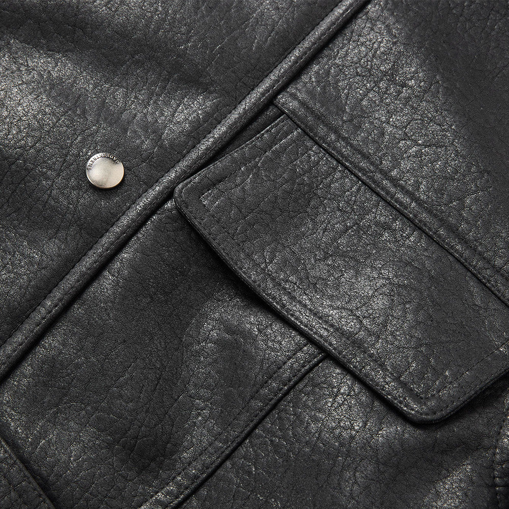 Men's Brown Leather Jacket PU Moto-Style High Collar Snap Button Bomber