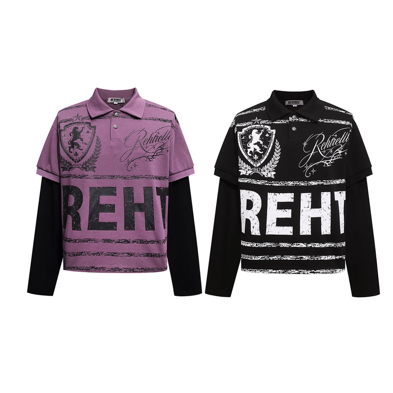 Rehtrelt Faux Two-Piece Long Sleeve Polo Shirt – Crest Graphic Hip-Hop Top