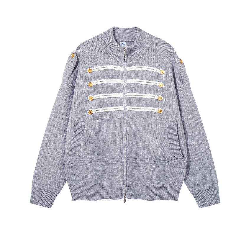 Military Knit Zip-Up Cardigan Sweater with Braided Cord & Button Detail