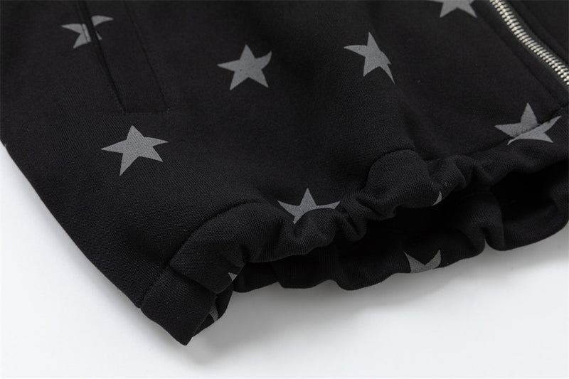 Star Print Zip-Up Track Jacket – Black Allover Star Streetwear Bomber
