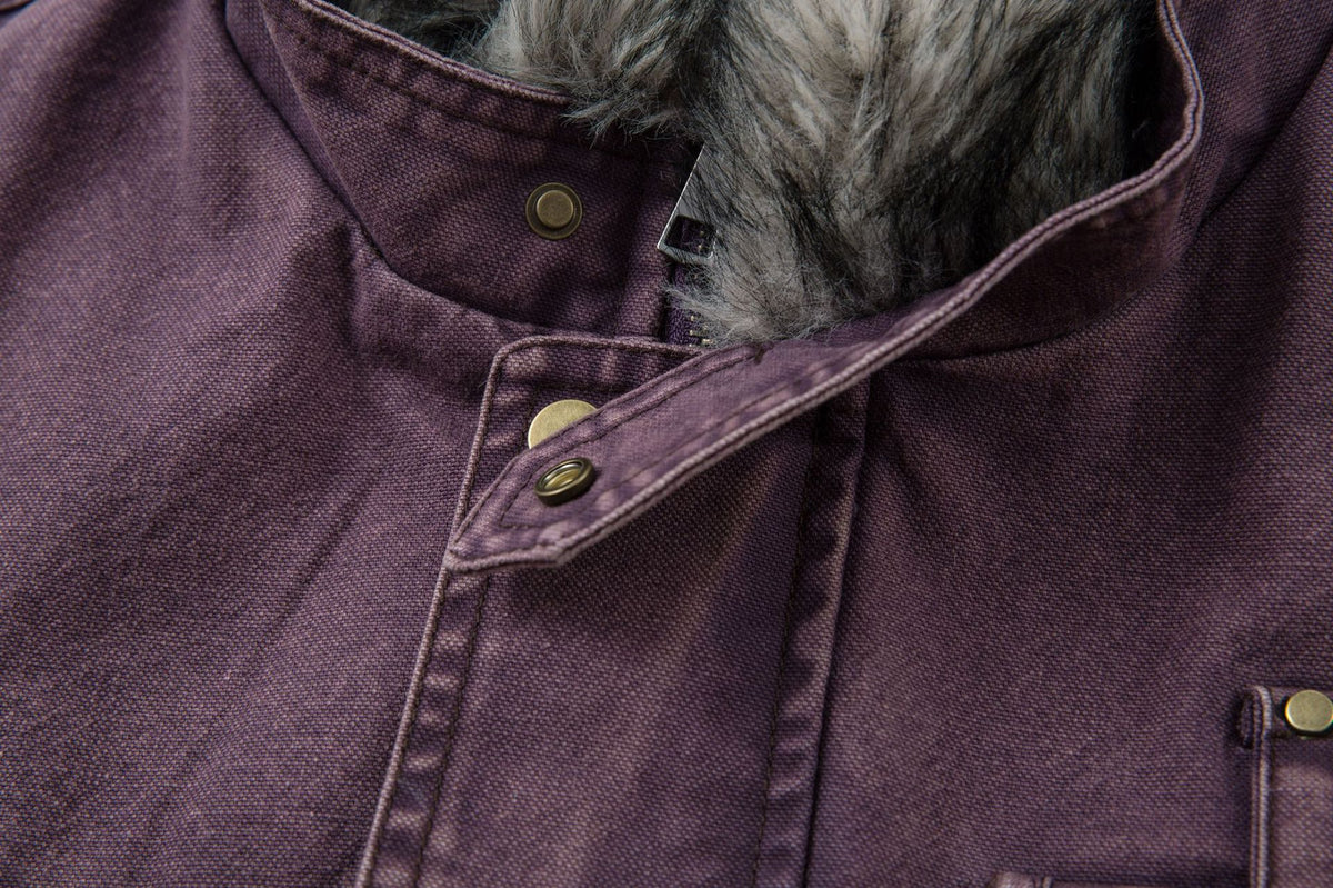 Washed Denim Bomber Jacket with Faux Fur Collar & Fleece Lining – Vintage