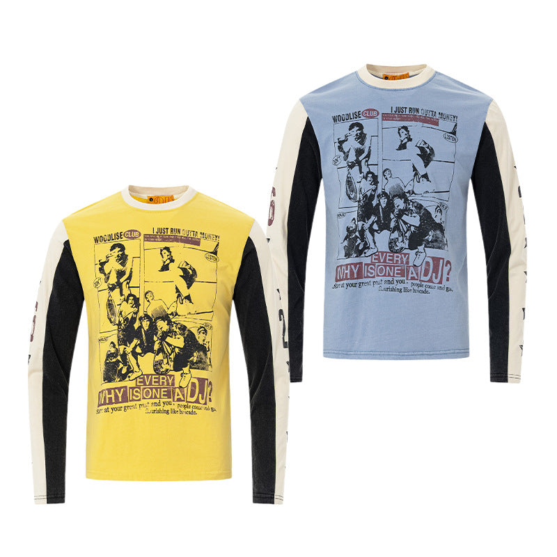 カラーブロック ロングスリーブ グラフィックTシャツ｜ヴィンテージ ストリートウェア コミックプリント