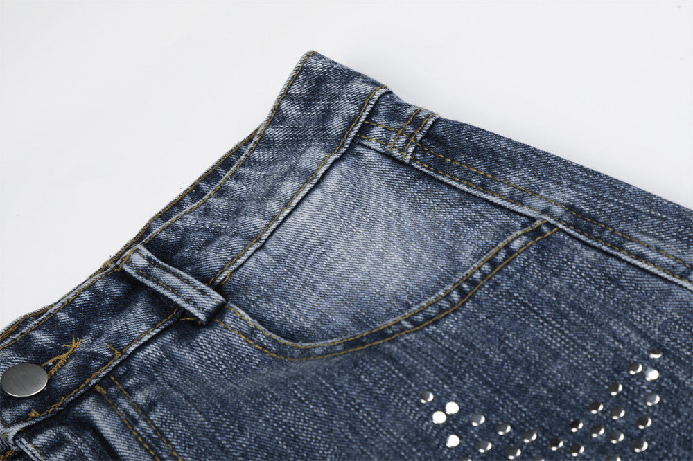 Vintage Washed Wide-Leg Jeans with Star Rhinestone Detail