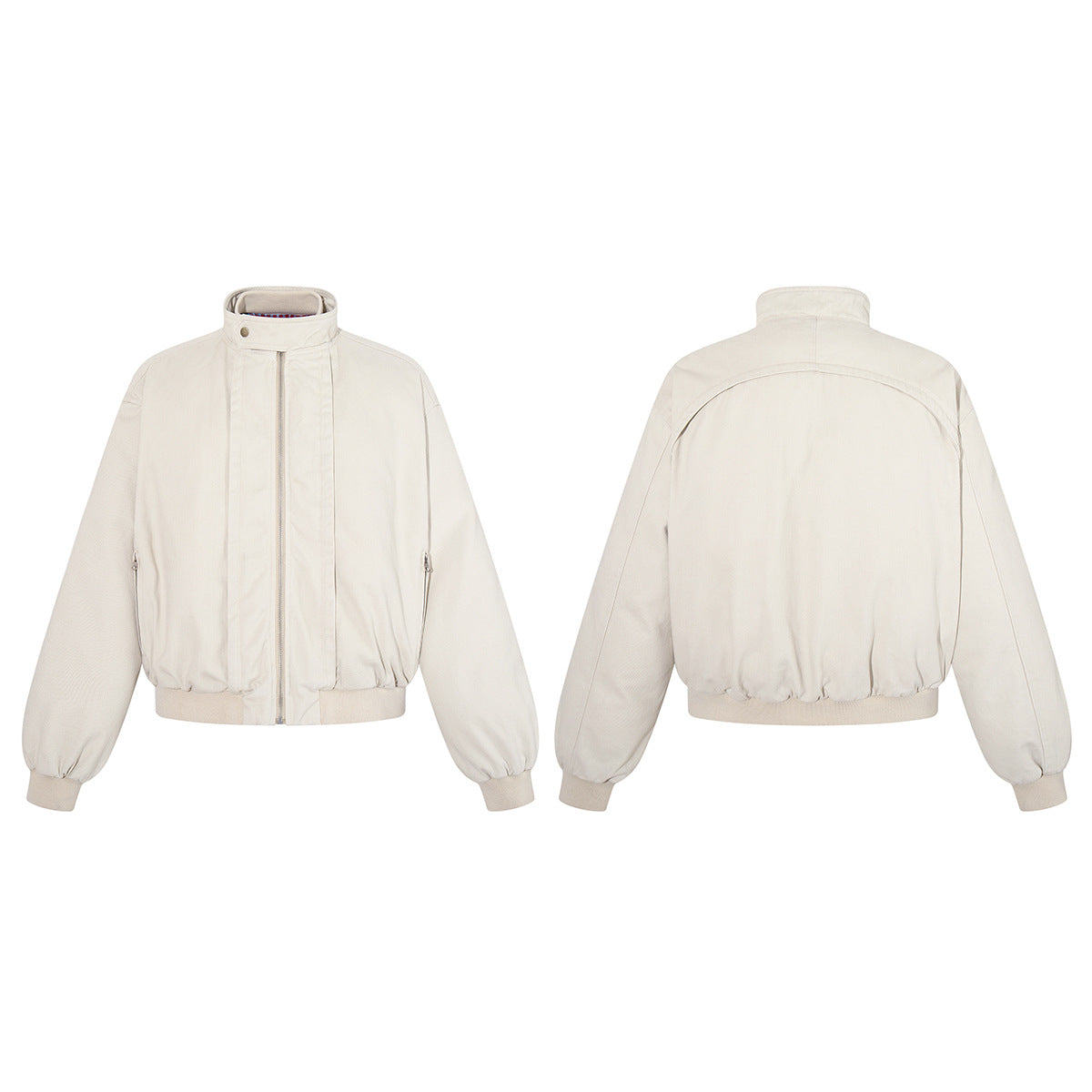 Men's Padded Bomber Jacket – Stand Collar, Full-Zip, Cream