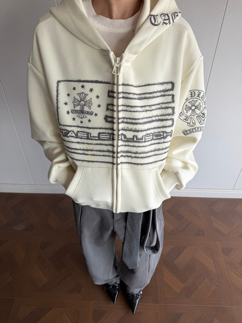 Herren-Oversized-Zip-Hoodie in Creme mit distressed Flaggen- und gotischem Kreuz-Print auf Brust und Ärmel