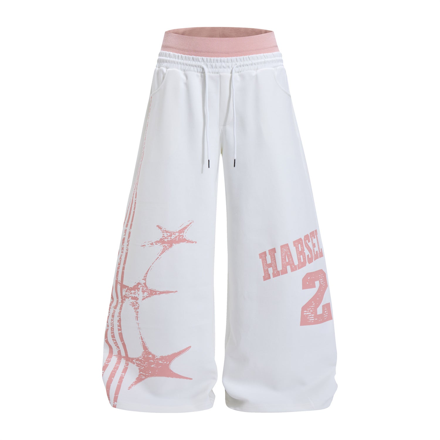 Pantalones de chándal de pierna ancha con estampado gráfico varsity y cintura rosa en contraste