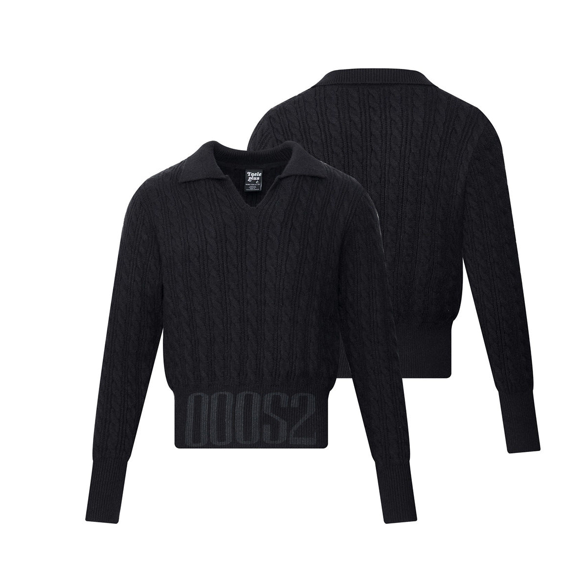 Cable Knit Polo Collar V-Neck Cropped Sweater