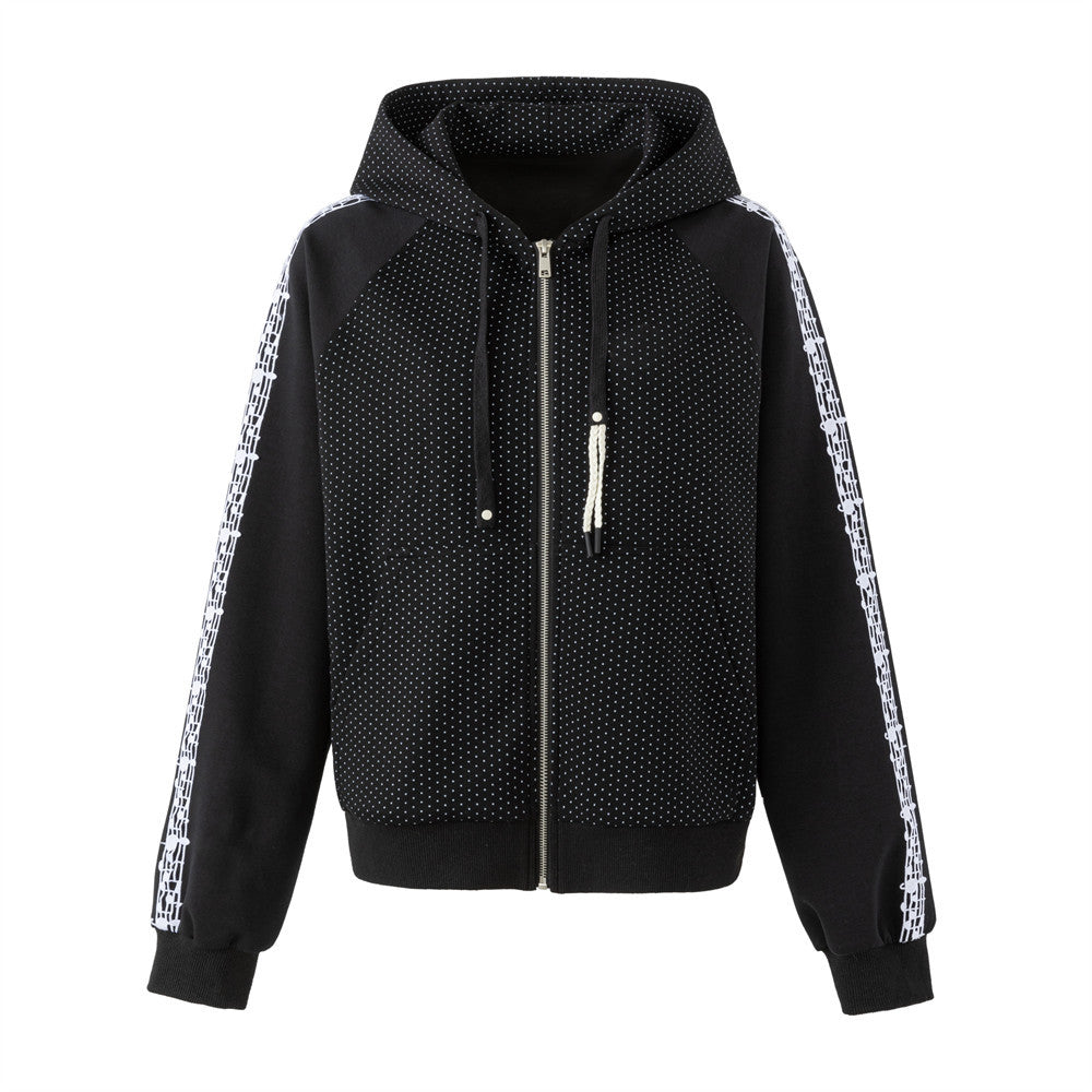 Men's black polka-dot zip-up hoodie with music note printed sleeve tape, front and back view