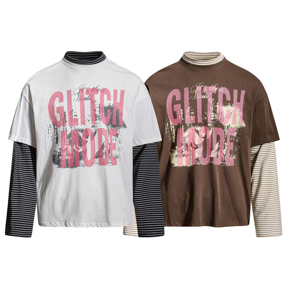 Glitch Mode Faux Two-Piece Long Sleeve Graphic Tee – Striped Layer Oversized Fit