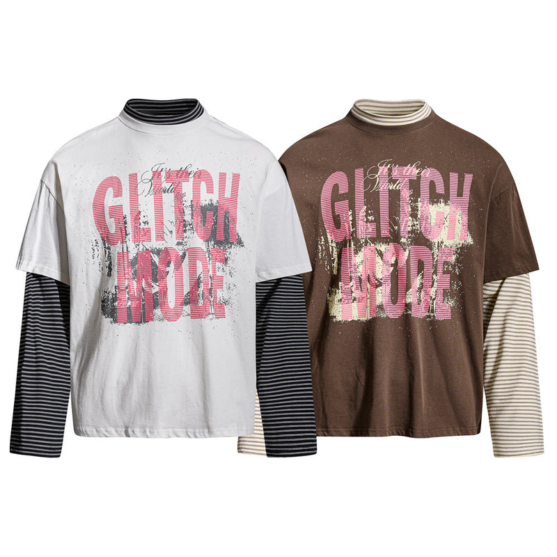 Glitch Mode Faux Two-Piece Long Sleeve Graphic Tee – Striped Layer Oversized Fit