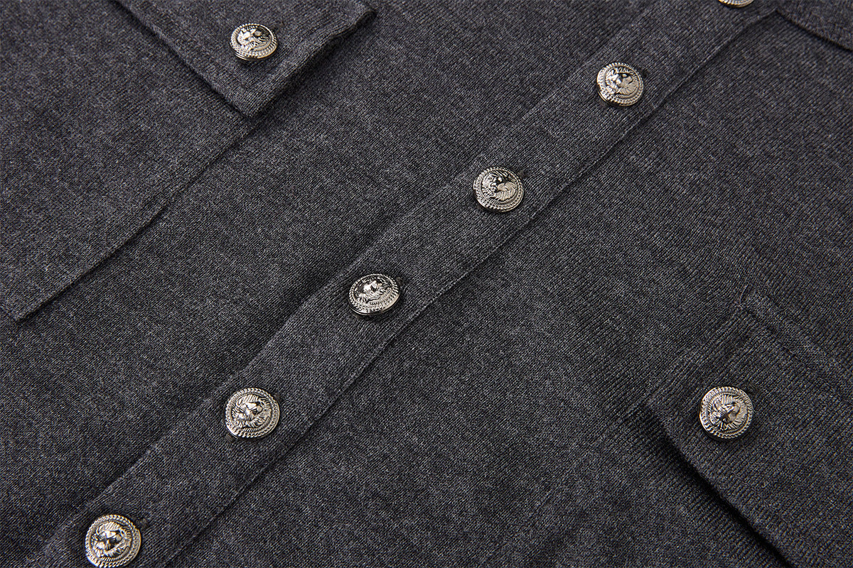 Men's Military-Style Henley Long Sleeve Shirt with Chest Pockets & Epaulettes