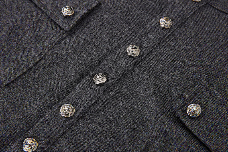 Men's Military-Style Henley Long Sleeve Shirt with Chest Pockets & Epaulettes