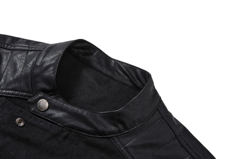 Boxy Moto Jacket – Black Denim & PU Leather Panel Biker Jacket