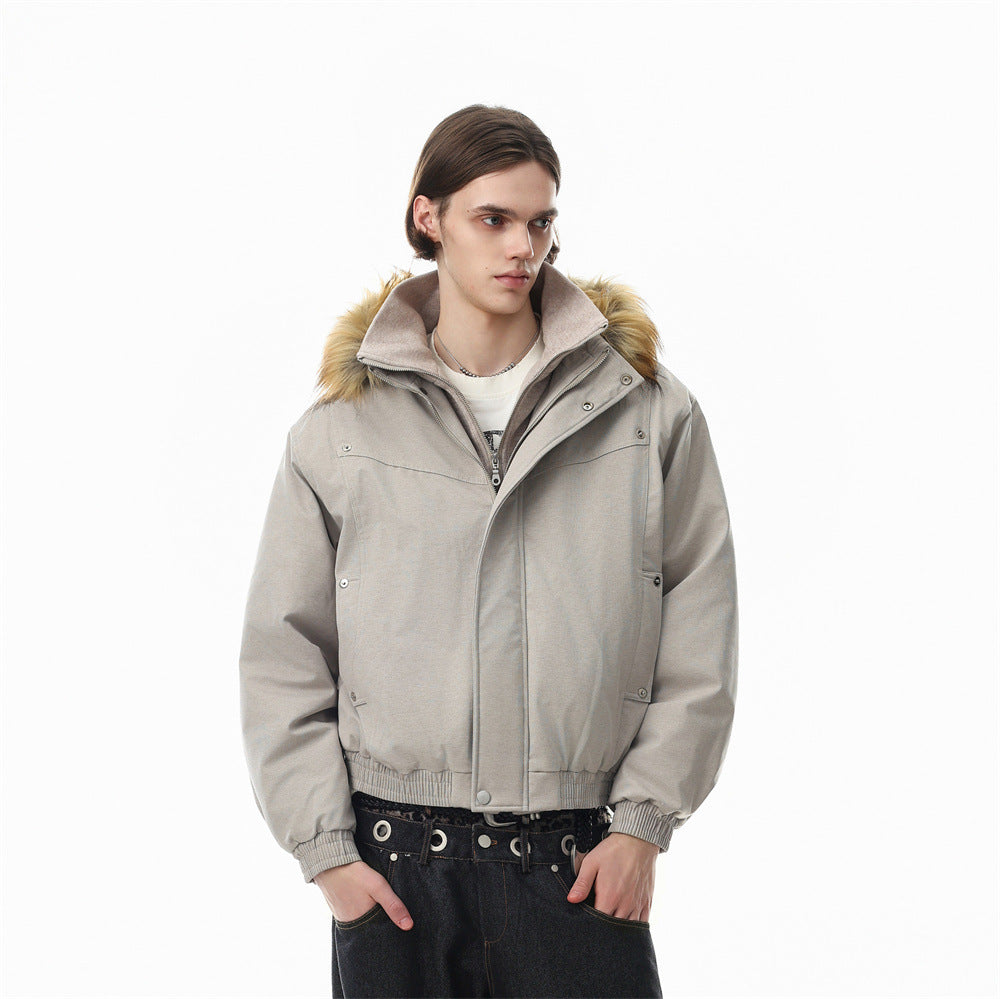 Pufferjacke mit Kunstfellbesatz und Lagenoptik – Übergroßer Wintermantel für Herren