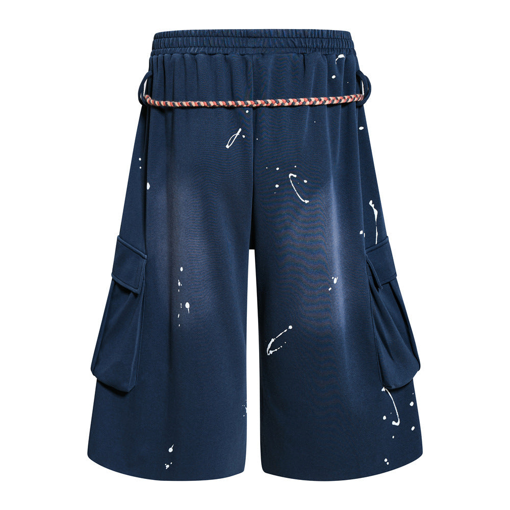 Hand-Drawn Graffiti Cargo Shorts – Wide Leg Streetwear with Rope Drawstring