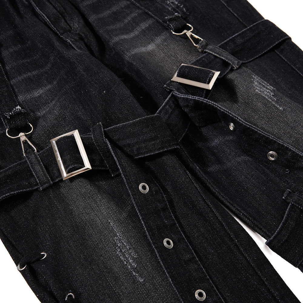 Gothic Buckle Strap Flare Jeans – Men's Washed Black Distressed Denim
