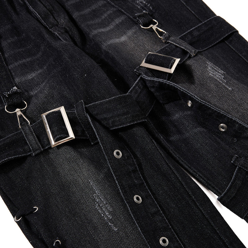Gothic Buckle Strap Flare Jeans – Men's Washed Black Distressed Denim