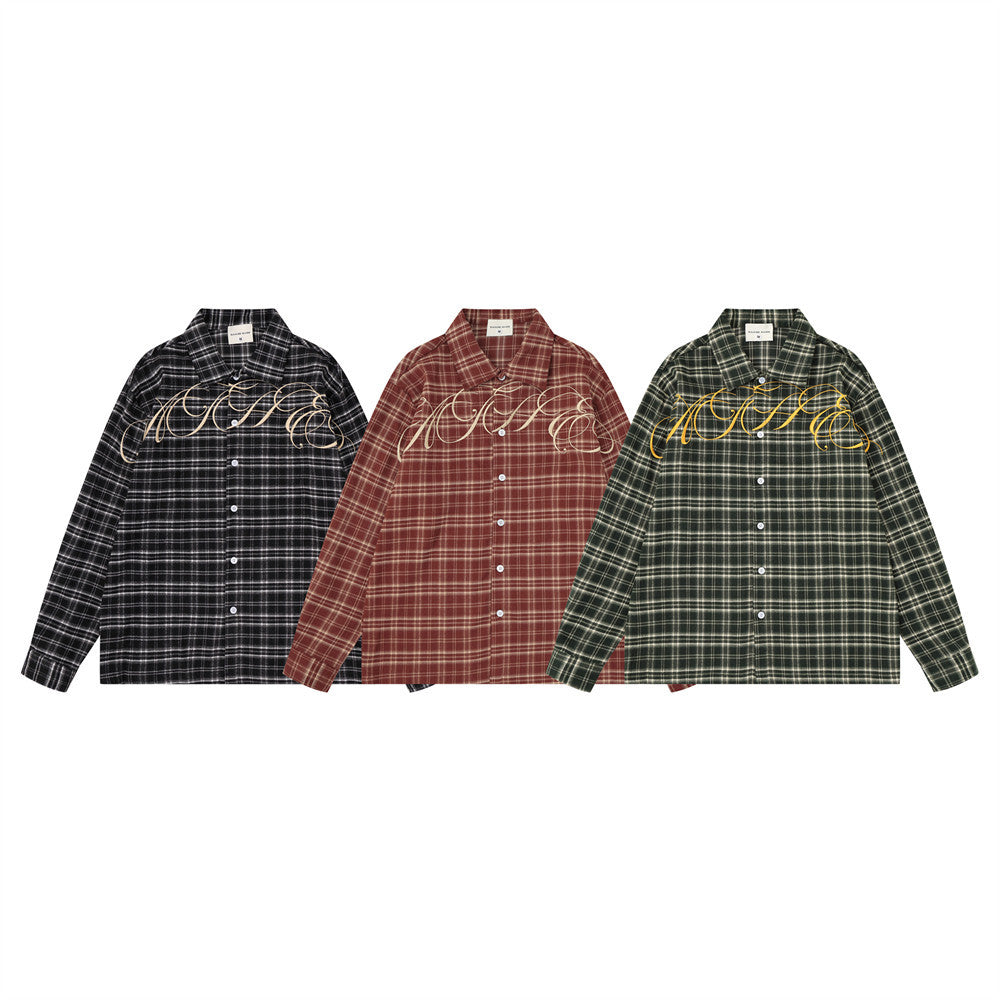 Men's Long Sleeve Plaid Shirt with Script Embroidery – Relaxed Fit