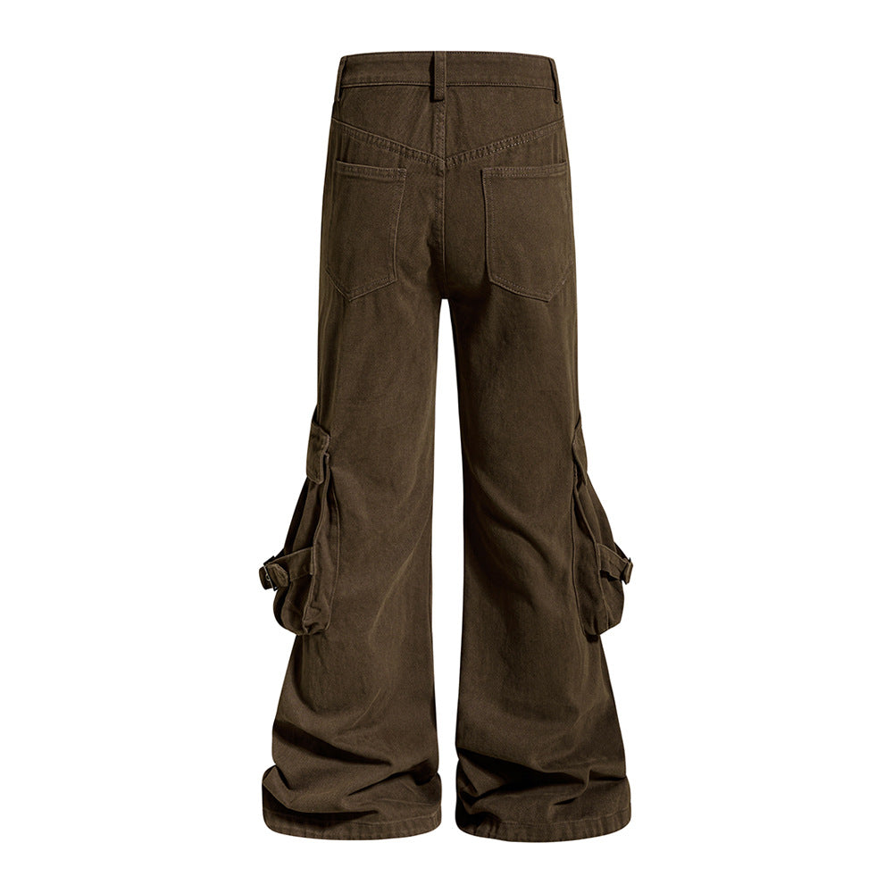 Men's Deconstructed Flare Cargo Pants with Ruched Pockets & Zip Detail