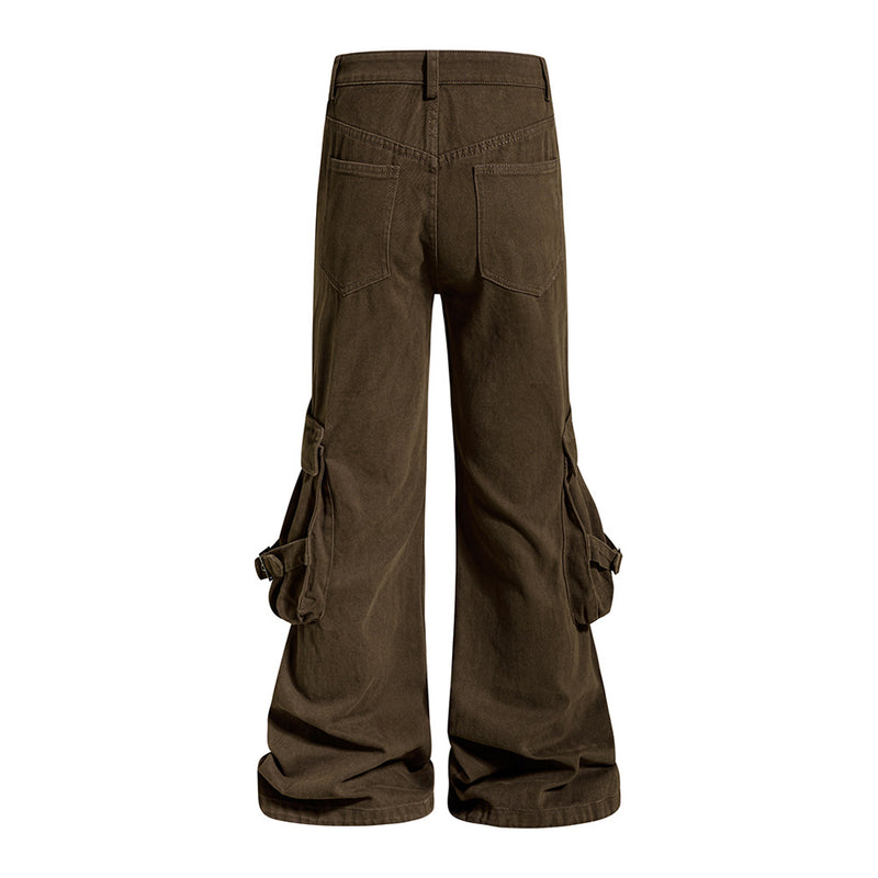Men's Deconstructed Flare Cargo Pants with Ruched Pockets & Zip Detail