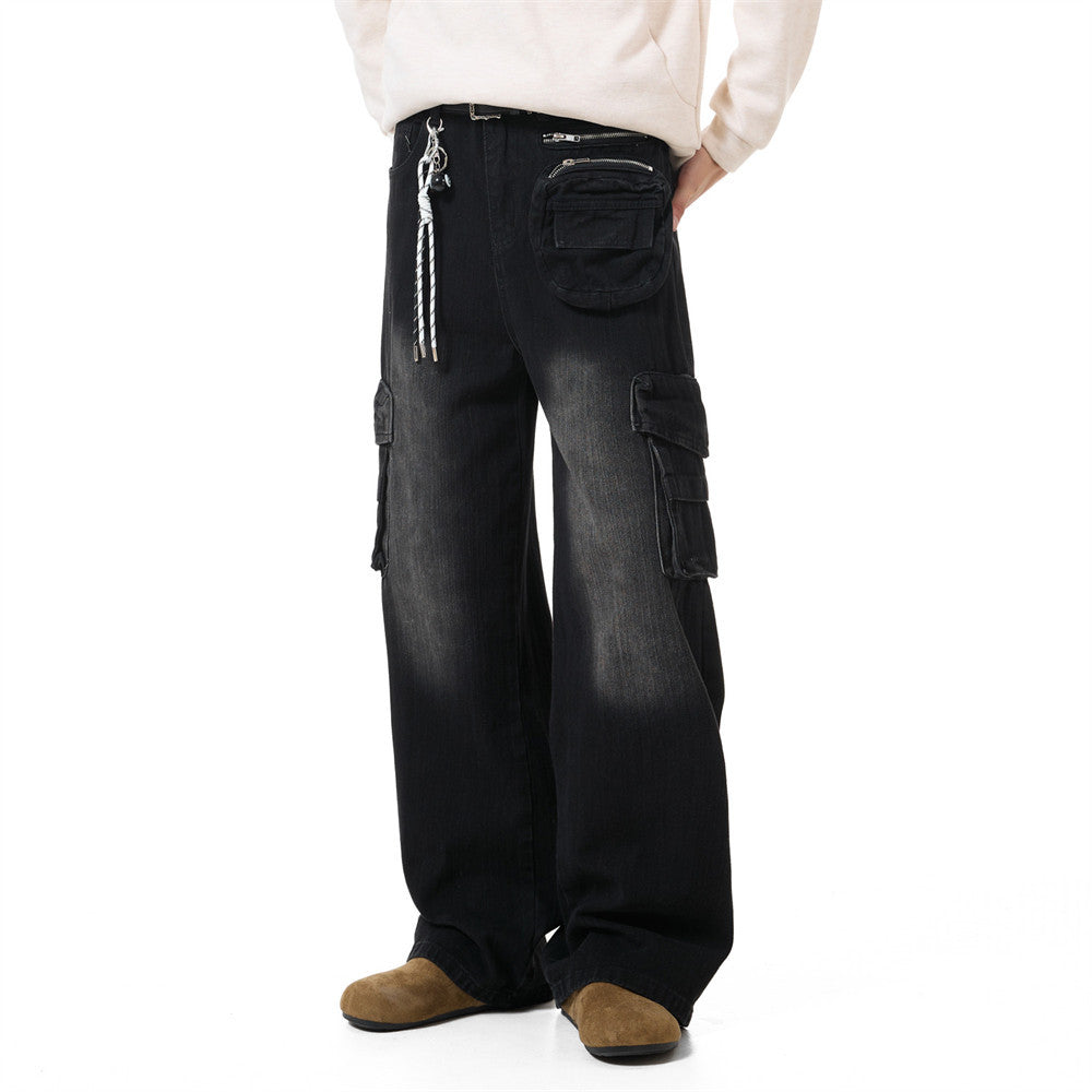 Vaqueros cargo para hombre — Pantalón vaquero de pierna ancha con múltiples bolsillos y lavado desgastado