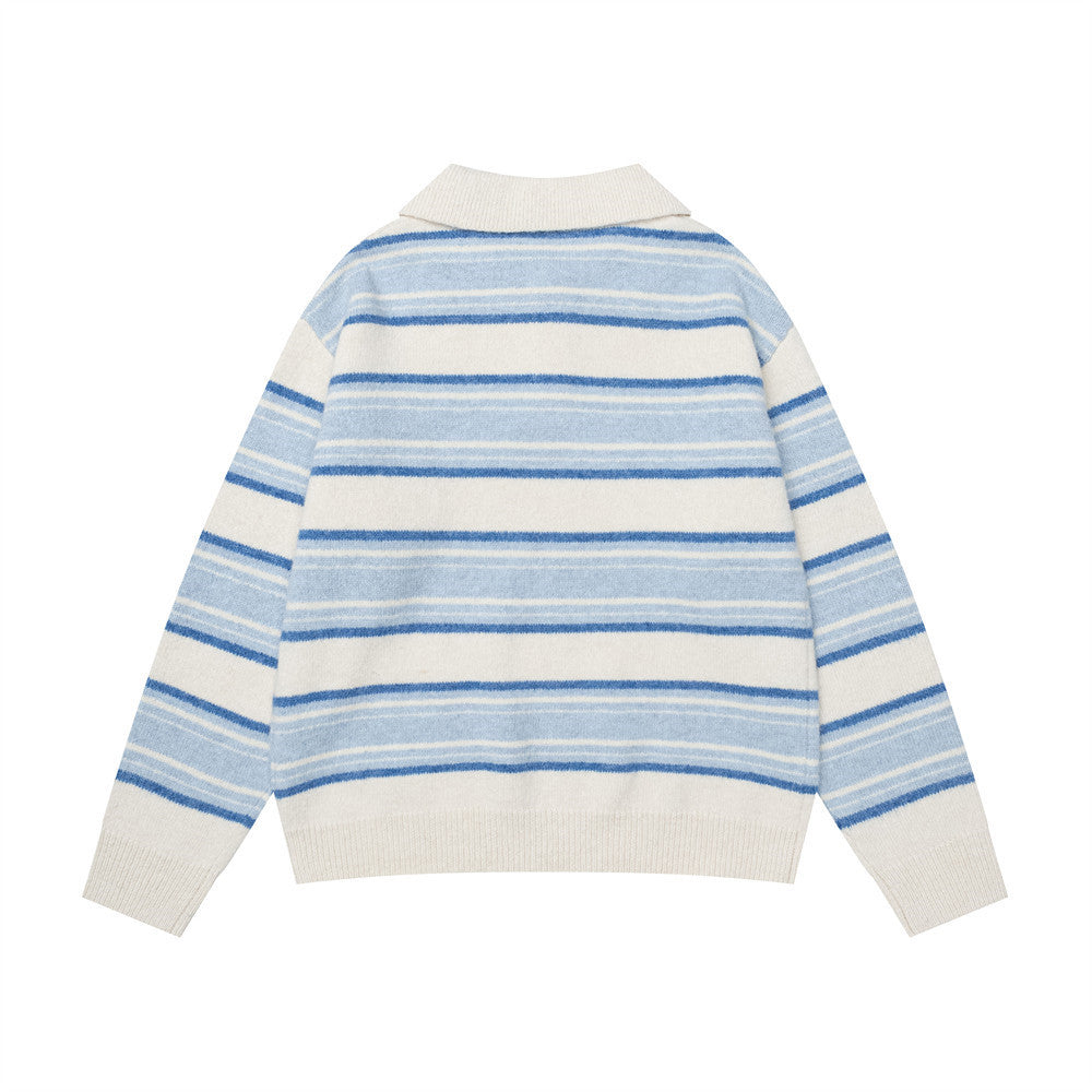 Striped Polo Collar Knit Sweater – Blue & White Horizontal Stripe Pullover