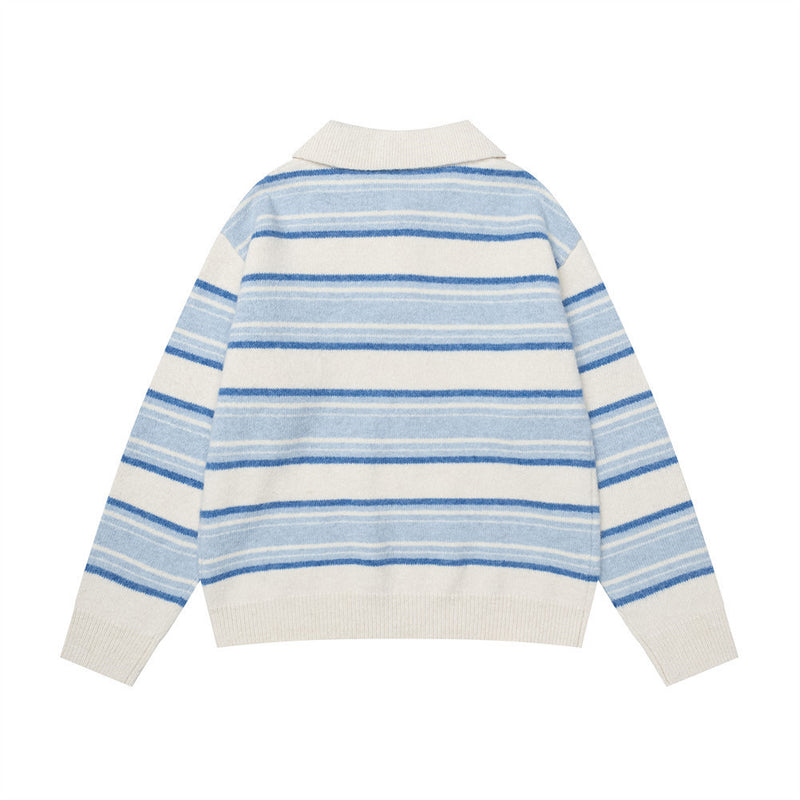 Striped Polo Collar Knit Sweater – Blue & White Horizontal Stripe Pullover
