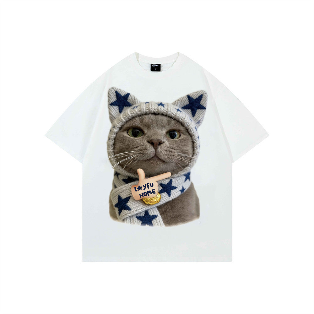 Oversized T-Shirt für Herren mit kurzen Ärmeln und fotografischer grauer Katzen-Meme-Grafik mit Strickmütze und Schal im Sternenmuster, g