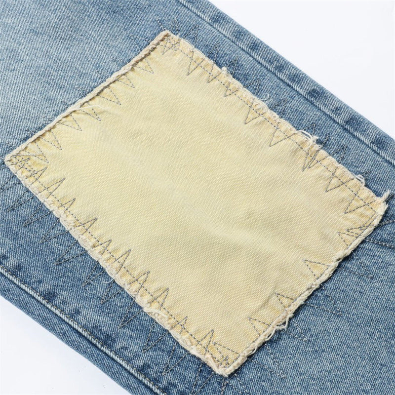 Men's Patchwork Wide-Leg Jeans – Straight Fit Streetwear Denim with Contrast