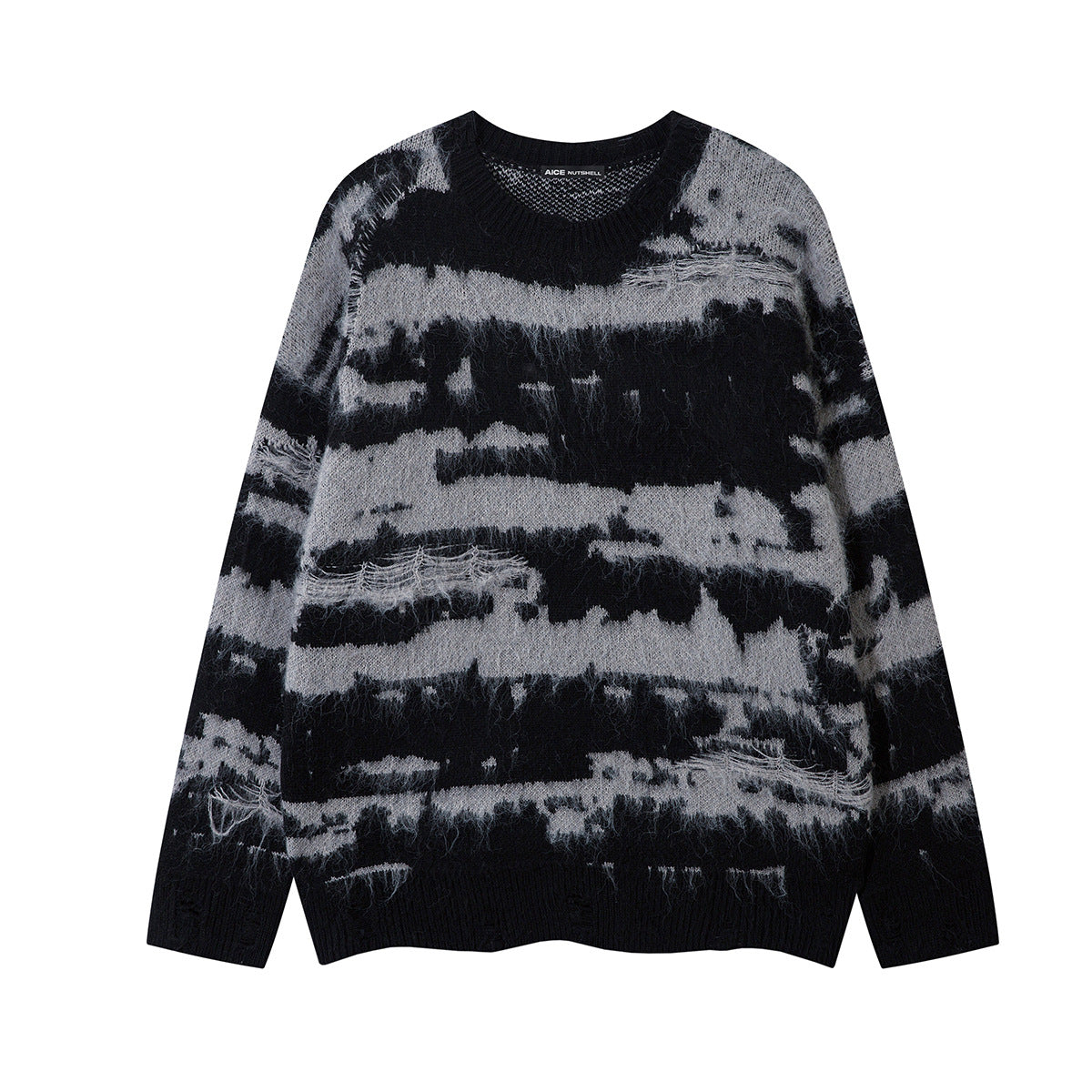 Front view of an oversized black and gray striped jacquard knit sweater with a crew neckline