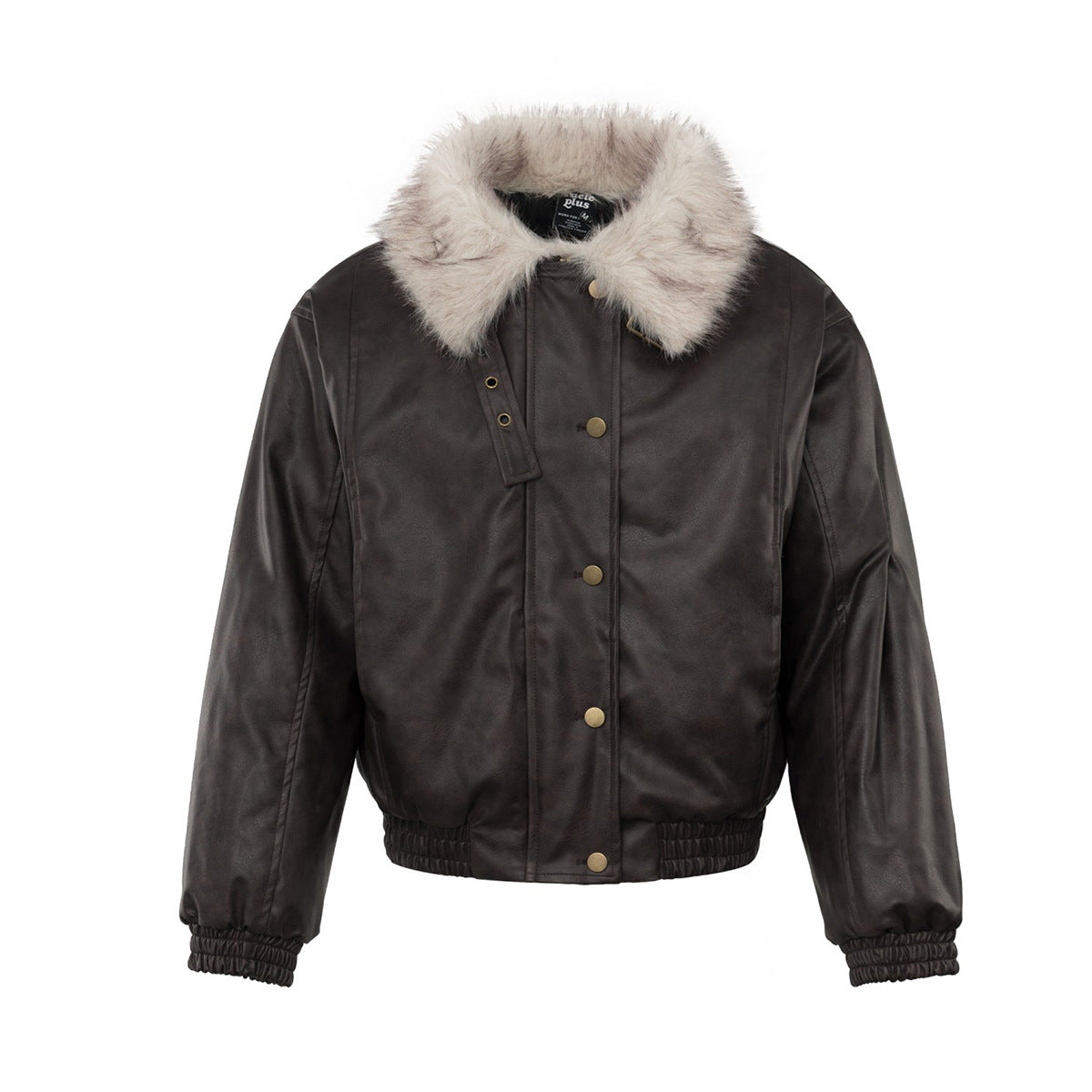Dark brown faux leather padded bomber jacket with cream faux-fur collar, front and back view
