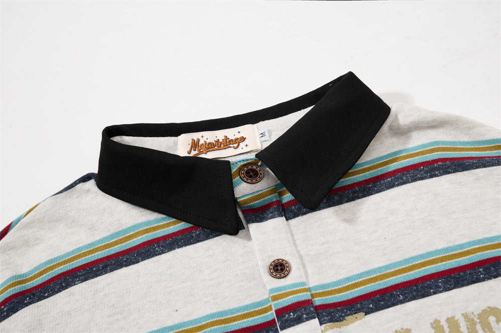 Striped Faux Two-Piece Long Sleeve Polo Shirt – Relaxed Fit with Layered Look