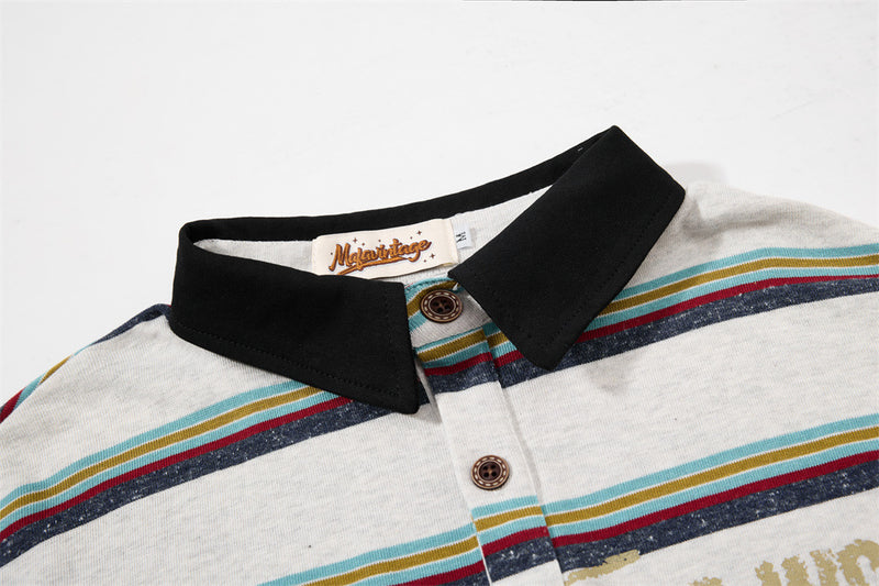 Striped Faux Two-Piece Long Sleeve Polo Shirt – Relaxed Fit with Layered Look