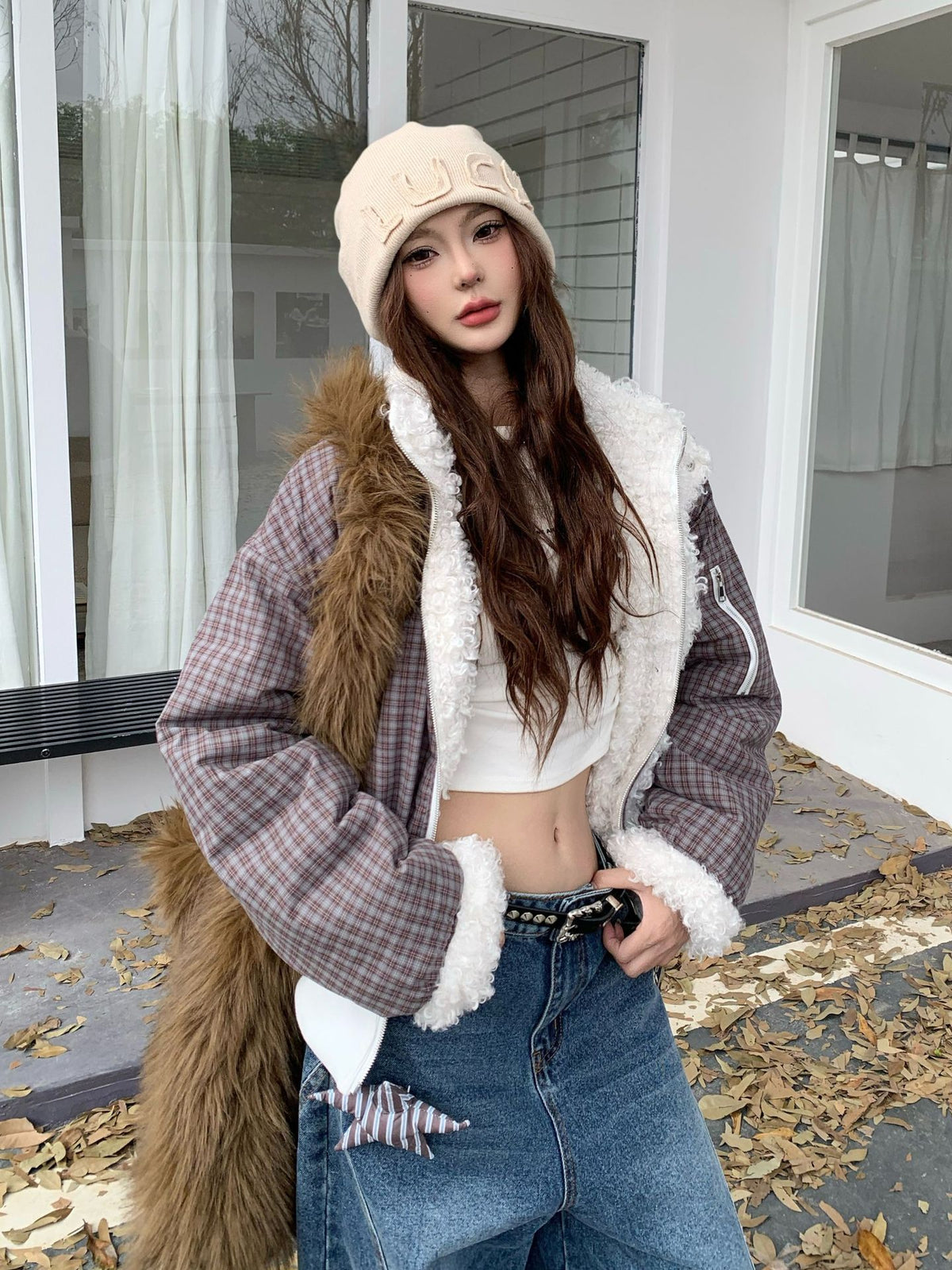 Reversible Plaid & Sherpa Bomber Jacket – Vintage 1988 Embroidered Padded Coat