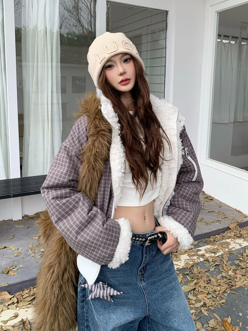 Reversible Plaid & Sherpa Bomber Jacket – Vintage 1988 Embroidered Padded Coat