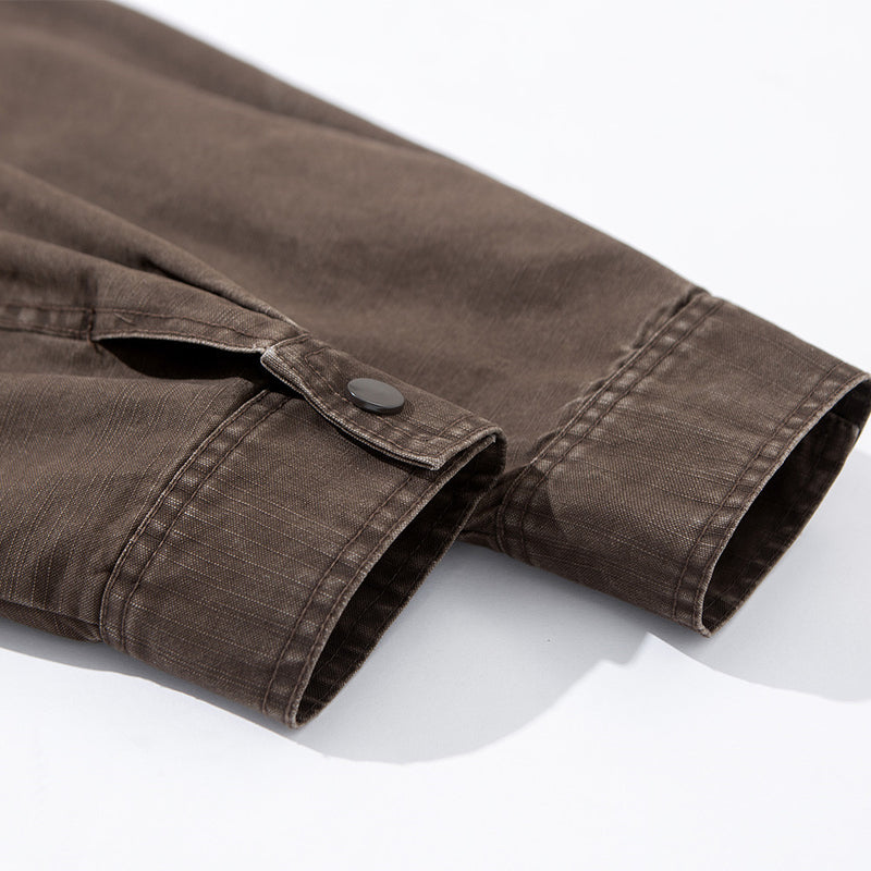 Vintage Washed Workwear Bomber Jacket – Relaxed Fit Snap-Button Harrington
