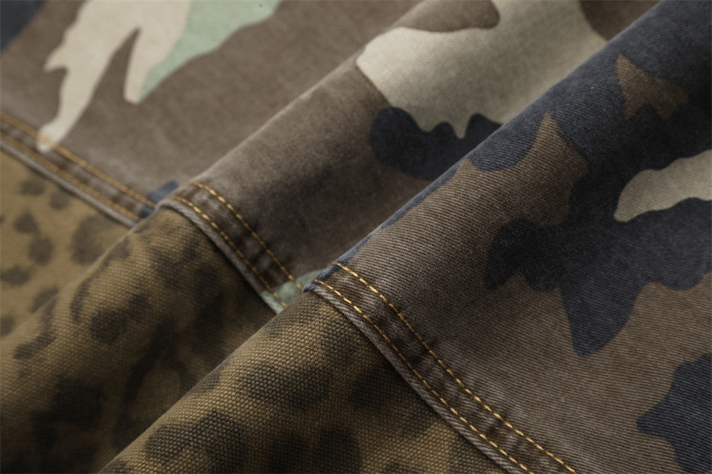 Camo & Leopard Patchwork Wide-Leg Cargo Pants