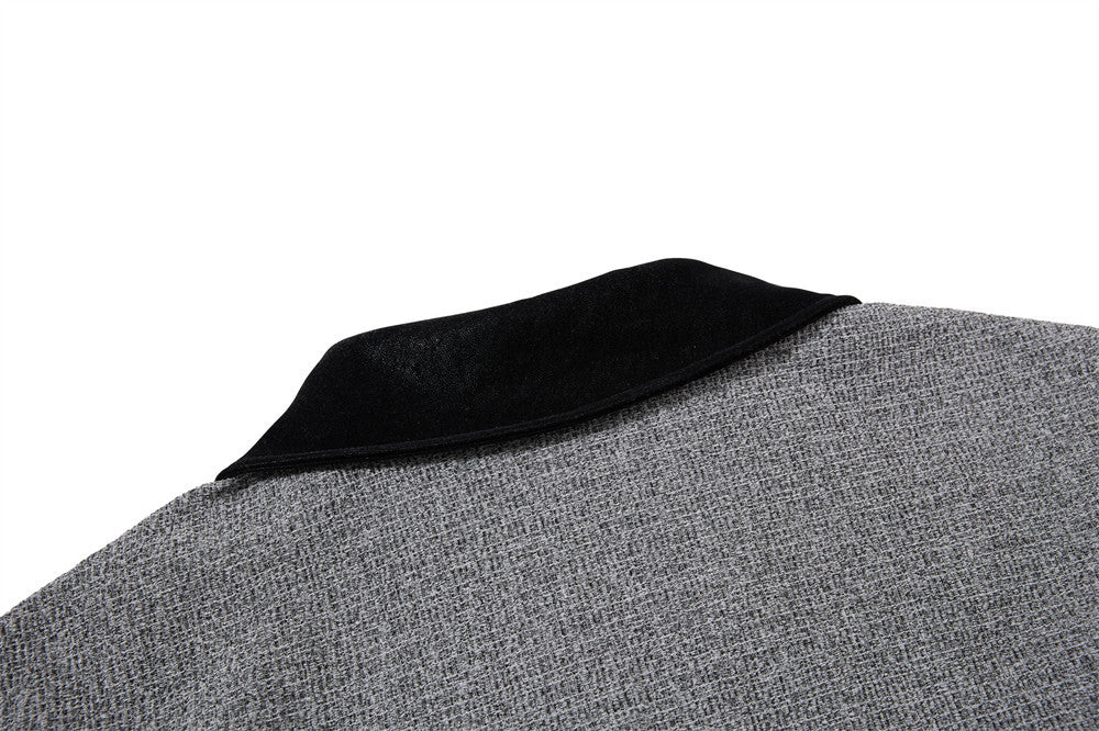 Wolljacke mit Reißverschluss – Herrenjacke aus grauem Tweedgewebe mit kontrastierendem Lederkragen