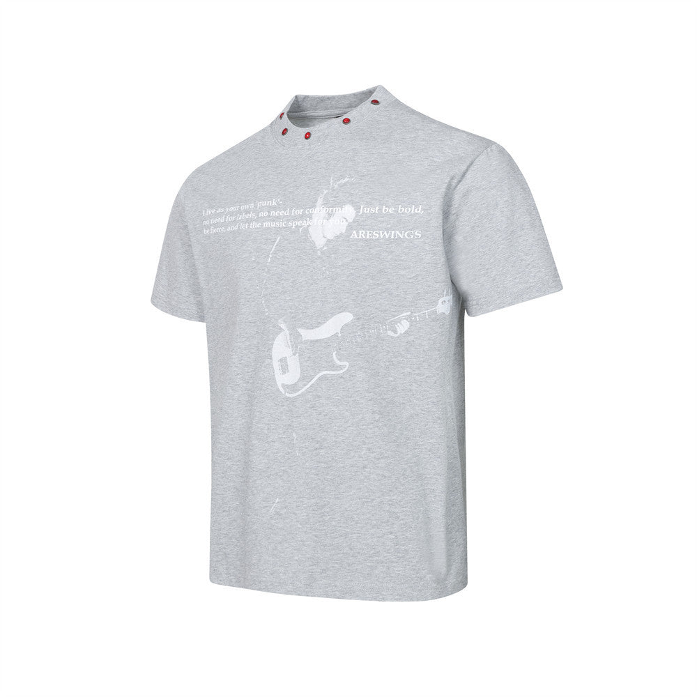 ARESWINGS Punk Guitarist Graphic T-Shirt with Red Studded Collar