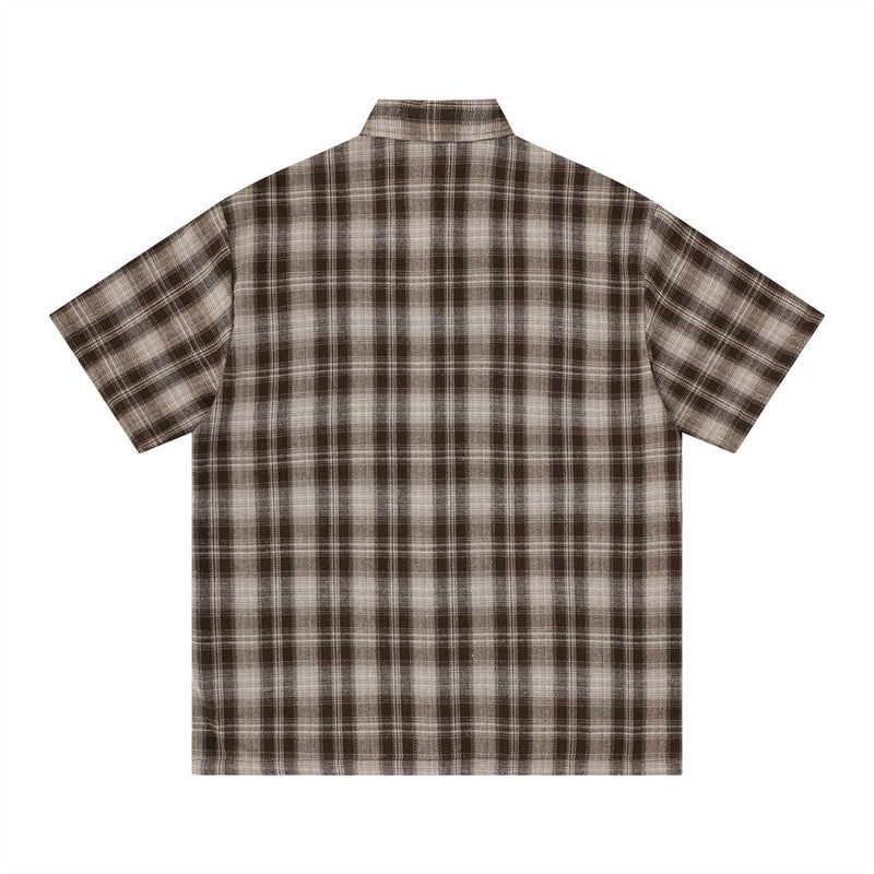 Oversized Plaid Short Sleeve Shirt with Embroidered Script Graphic
