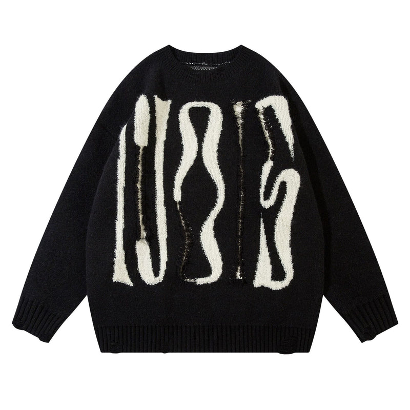 Distressed Graphic Knit Sweater – Oversized Crewneck with Raw-Edge Letter Detail