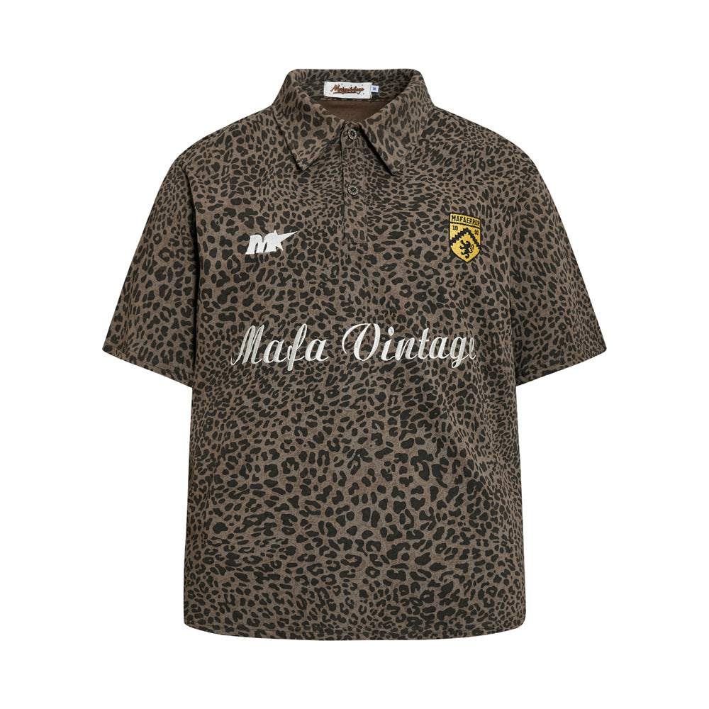 Mafa Vintage Leopard Print Short Sleeve Polo Shirt