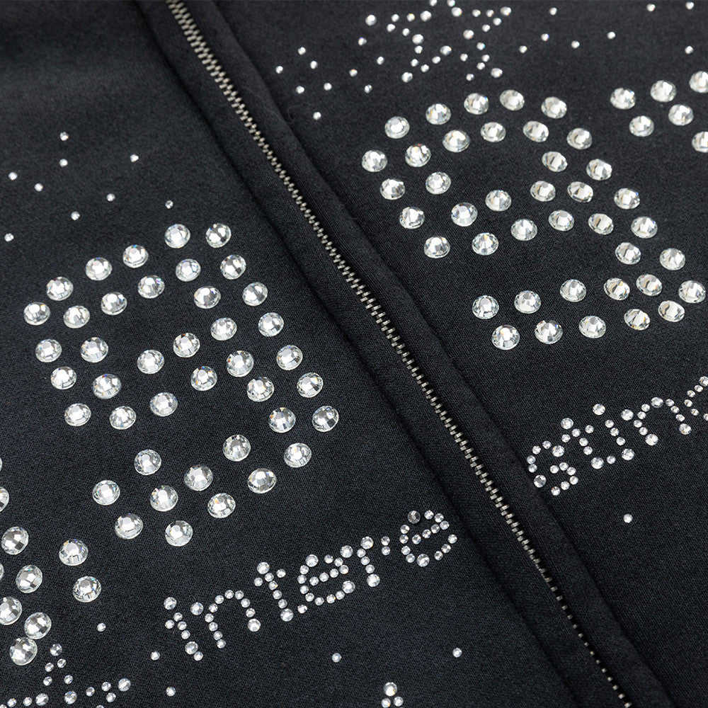 Black Bomber Jacket with Rhinestone Number Print & Mixed-Texture Panels