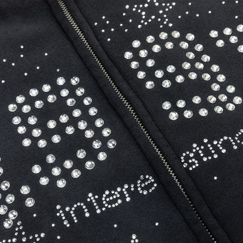 Black Bomber Jacket with Rhinestone Number Print & Mixed-Texture Panels