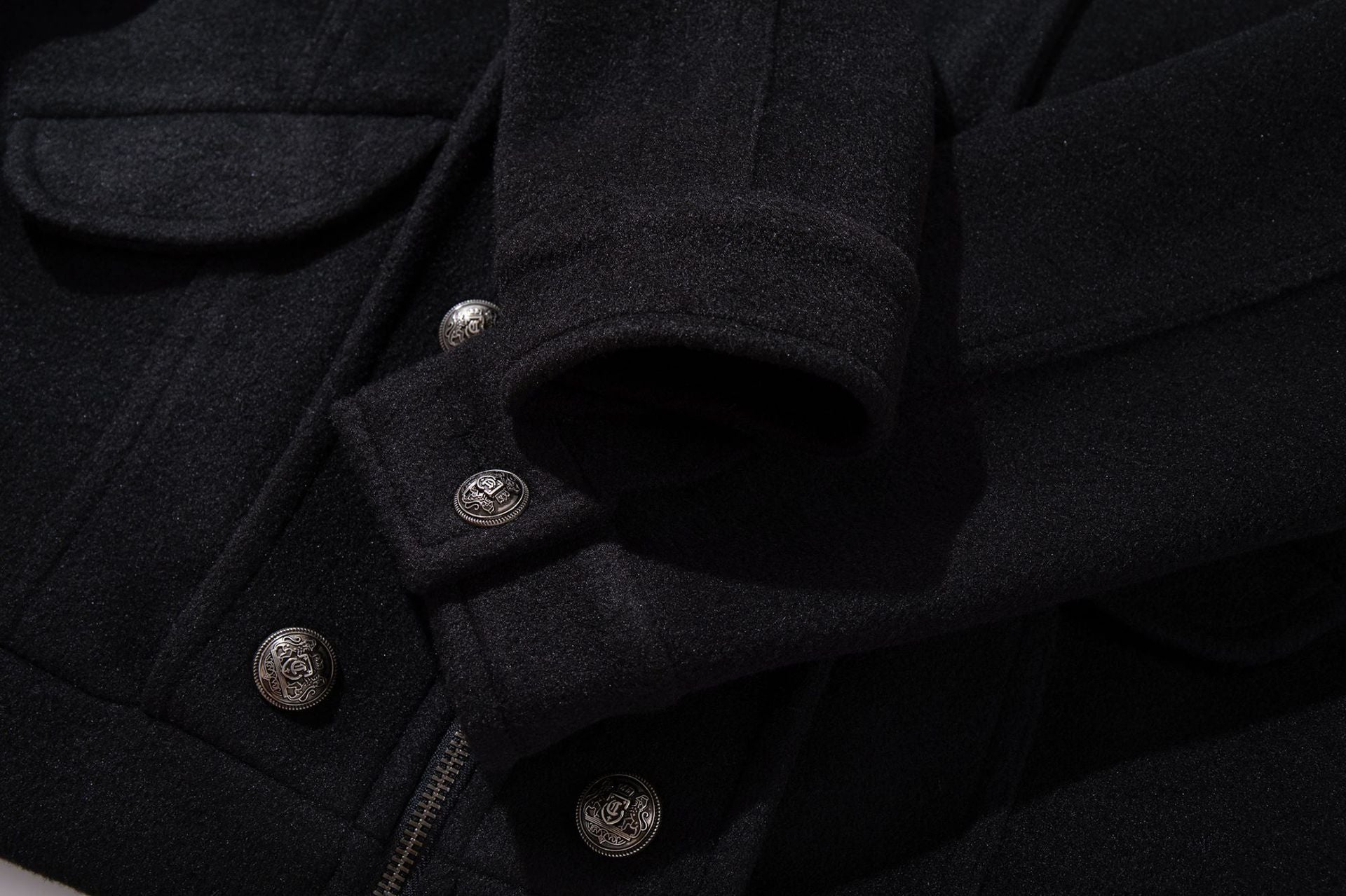Veste militaire en laine pour homme – Noire, croisée, col montant et coupe courte