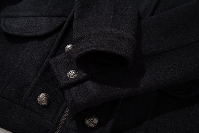 Veste militaire en laine pour homme – Noire, croisée, col montant et coupe courte