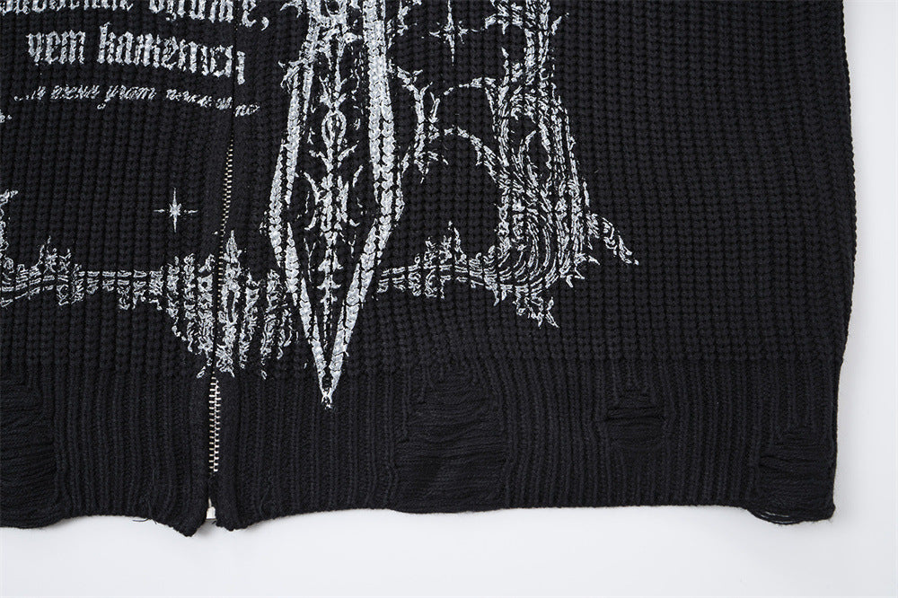 Gothic Cross Print Zip-Up Knit Cardigan Sweater – Distressed Mock Neck Men's
