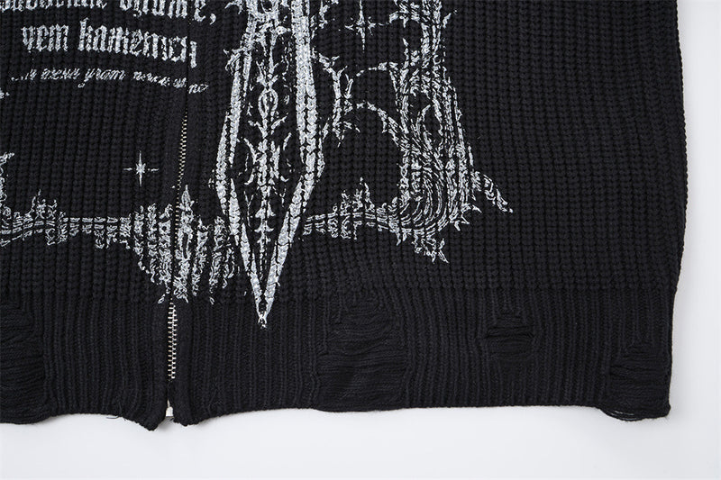Gothic Cross Print Zip-Up Knit Cardigan Sweater – Distressed Mock Neck Men's