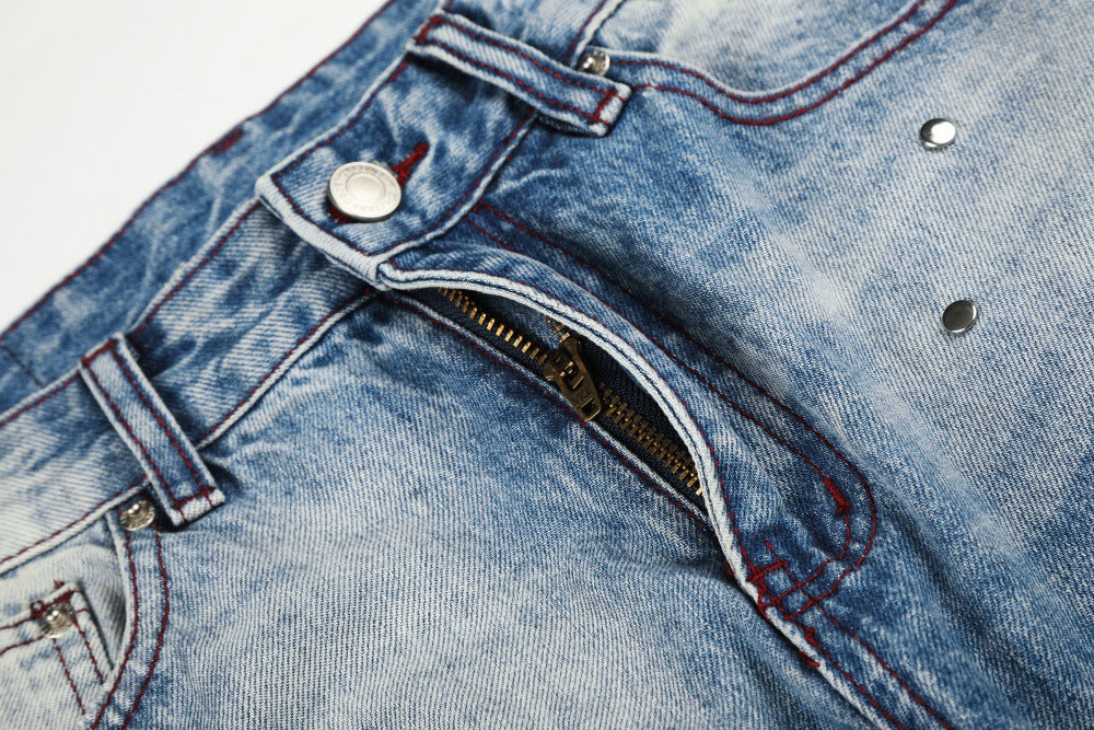 Gradient Washed Distressed Wide-Leg Jeans with Rhinestone Studs