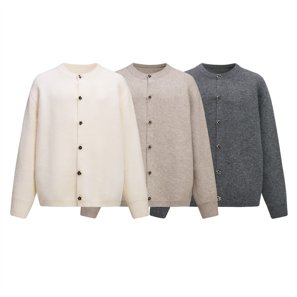 Men's Crewneck Knit Cardigan Sweater with Floral Buttons